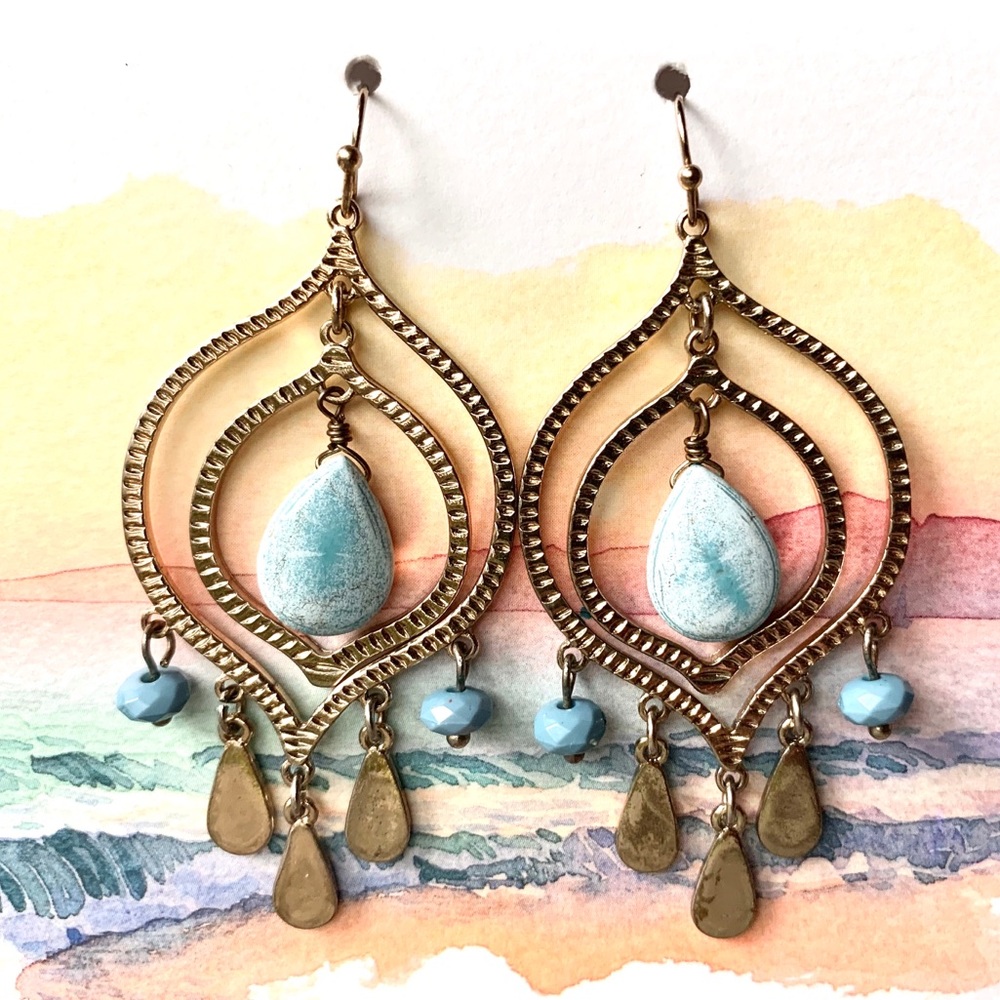 Gold Turquoise Chandelier Kite Teardrop Earrings